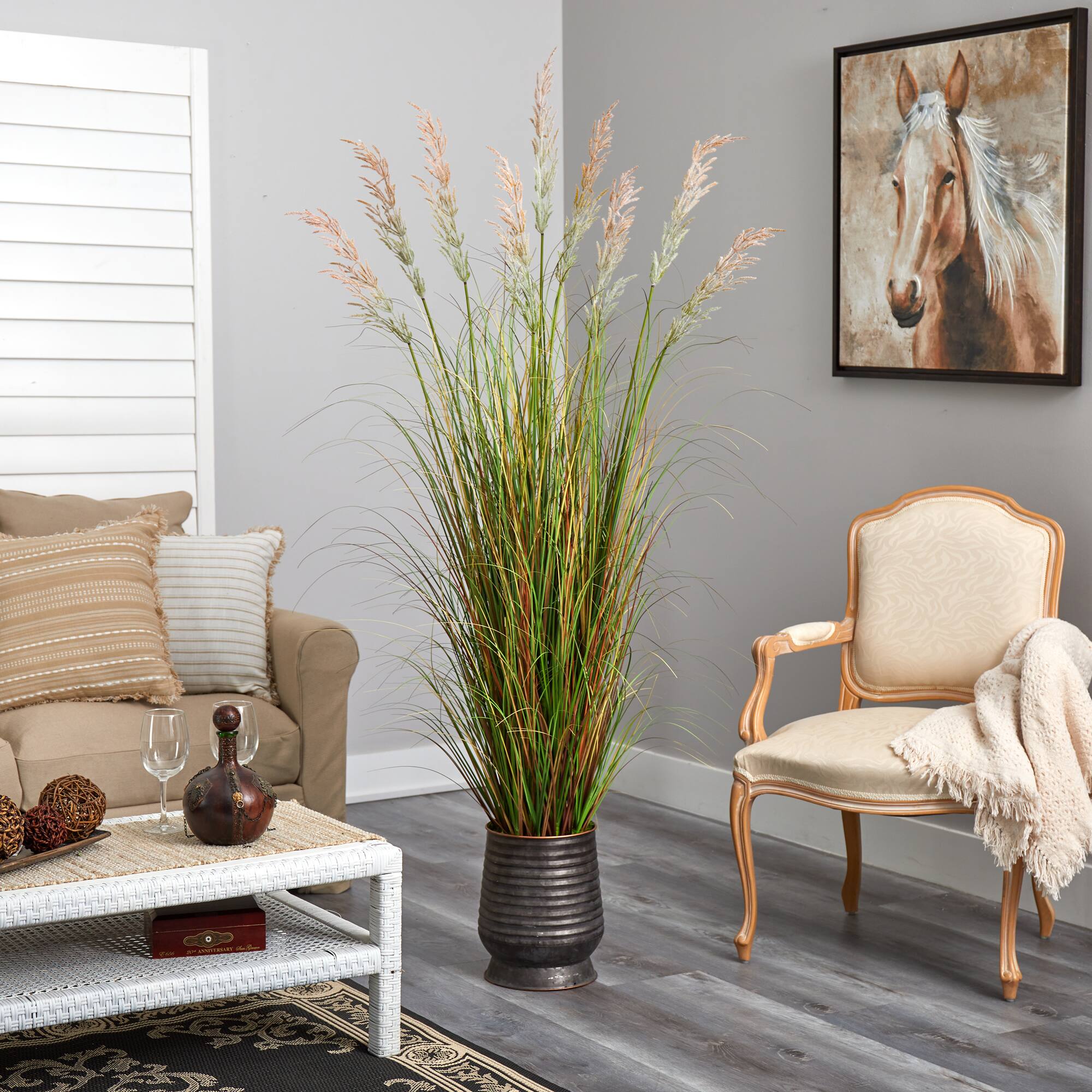 6ft. Grass Plant in Ribbed Metal Planter